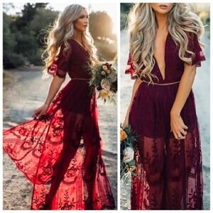 NWT Medium Red Wine Merlot Lace Deep V Romper Maxi Dress